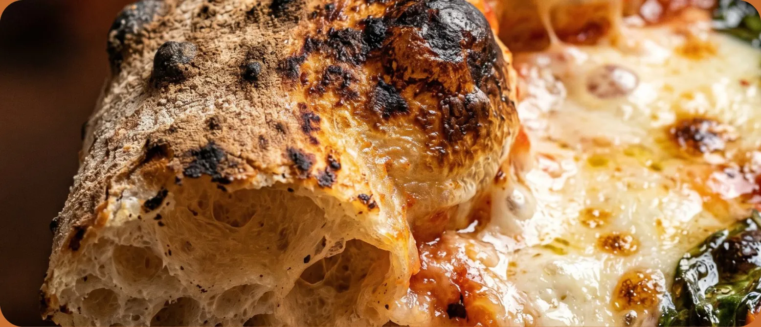 Close-up of a blistered fire-baked pizza crust