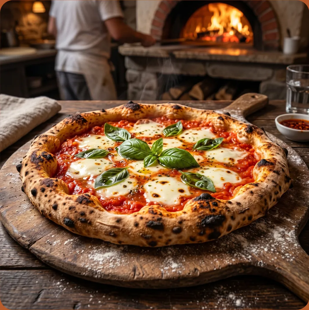 Margherita pizza on a wooden board beside the oven