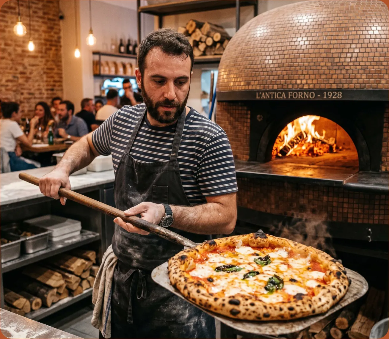 Pizzaiolo sliding a Neapolitan pizza out of a tiled wood-fired oven