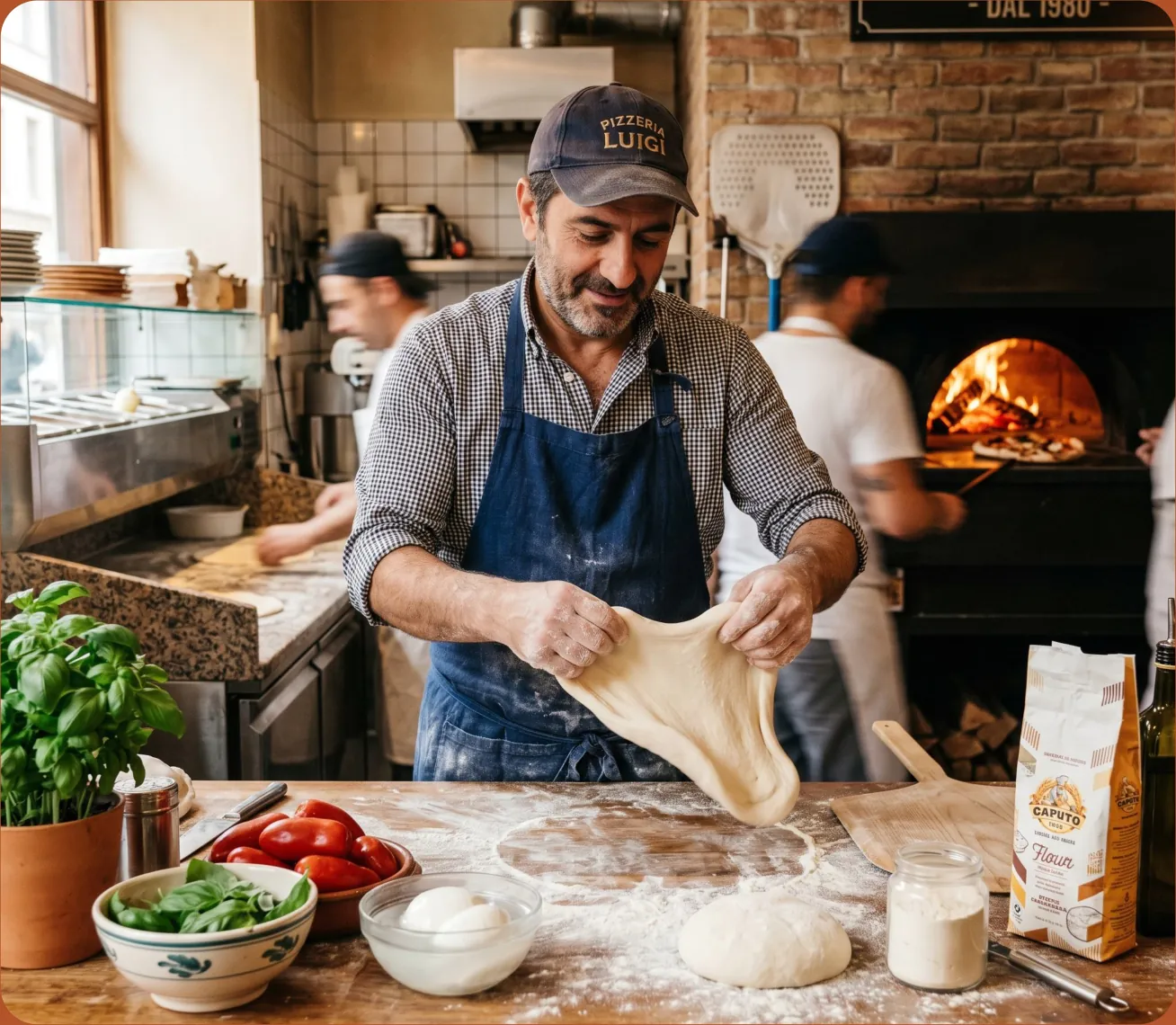 Chef stretching fresh pizza dough on a floured counter