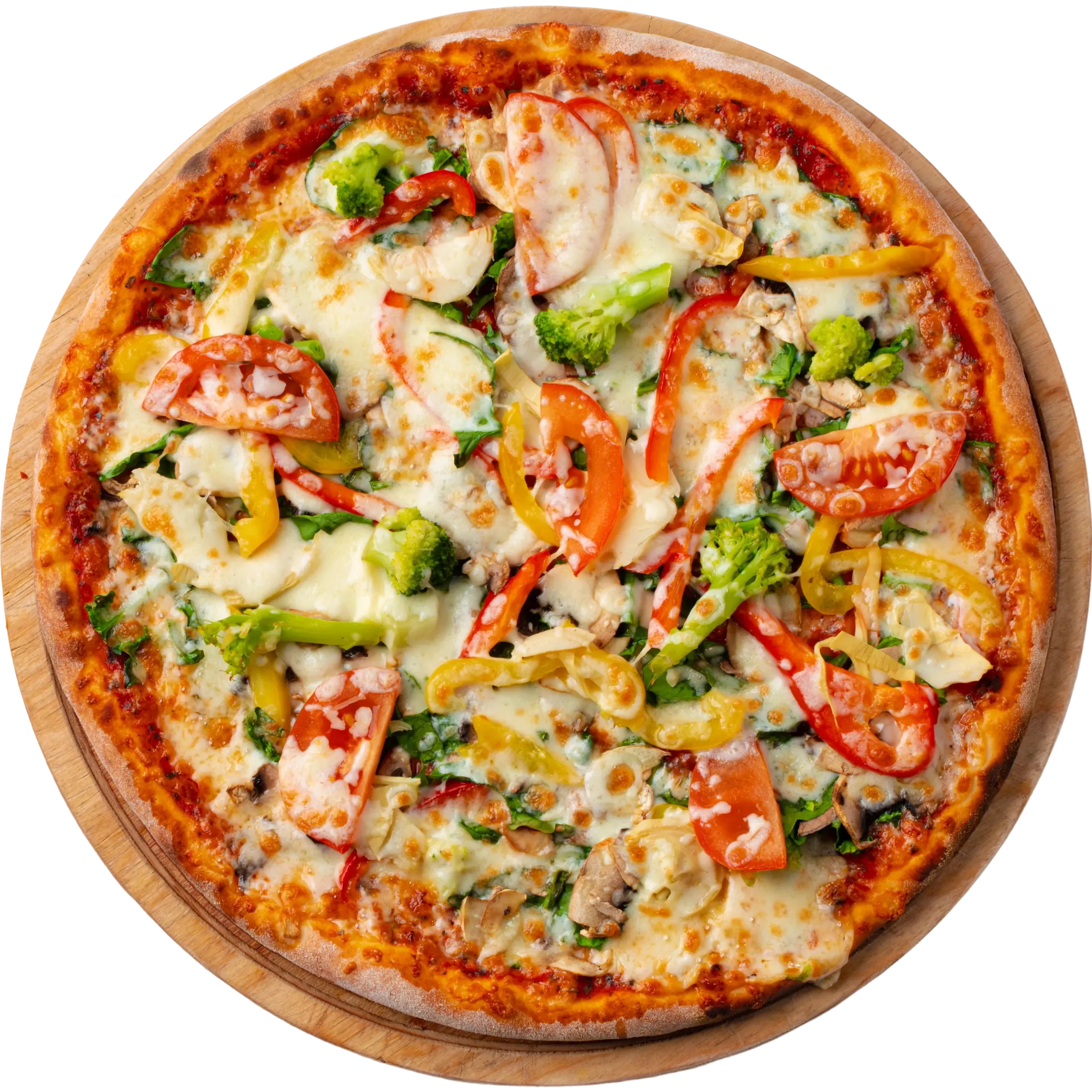 Fire-baked Neapolitan veggie pizza with peppers, tomato and broccoli on a wooden board